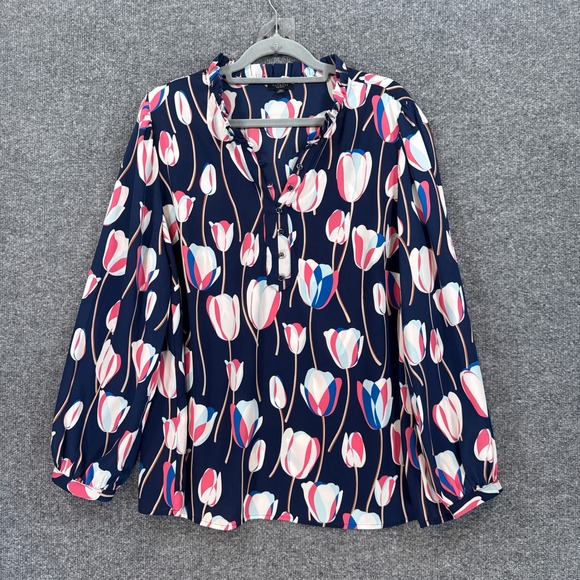 Talbots Tops - Talbots Blouse Womens 1X Petite Blue Tulip Print Ruffle Neck Floral Plus Size